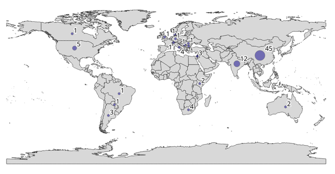 Map showing global distribution of projects registered, validated or under development under VM0042, with most projects located in China.