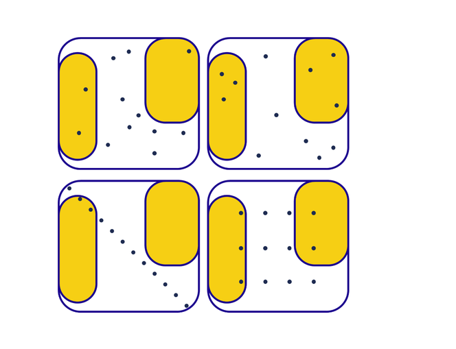 Infographic explaining 4 sampling methods. Top right box has dots placed randomly depicting randomised sampling. Top left box has dots placed randomly depicting stratified random sampling. Bottom left box includes dots organised into a diagonal line representing transect sampling. Bottom right box includes dots placed into a grid formation representing grid sampling.