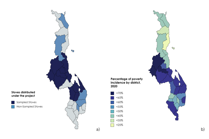 2 maps of Malawi, one showing project distribution across Malawi, the other showing poverty incidence in Malawi districts.
