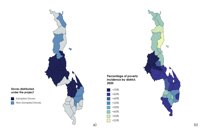 2 maps of Malawi,  one showing project distribution across Malawi, the other showing poverty incidence in Malawi districts.