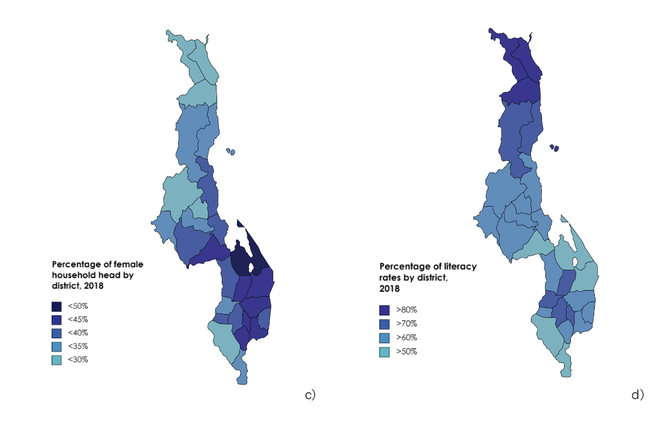 2 maps of Malawi,  one showing percentage of female-ed households by district, the other showing percentage literacy rates by district.