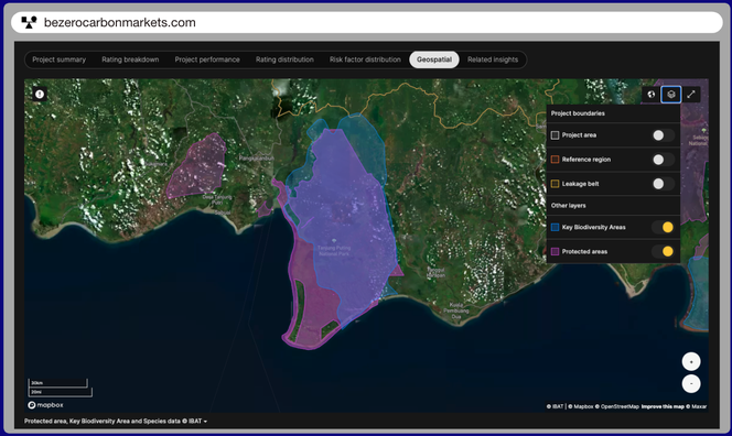 Screenshot of the Geospatial tab in BeZero Carbon Markets platform showing Key Biodiversity Areas and Protected areas