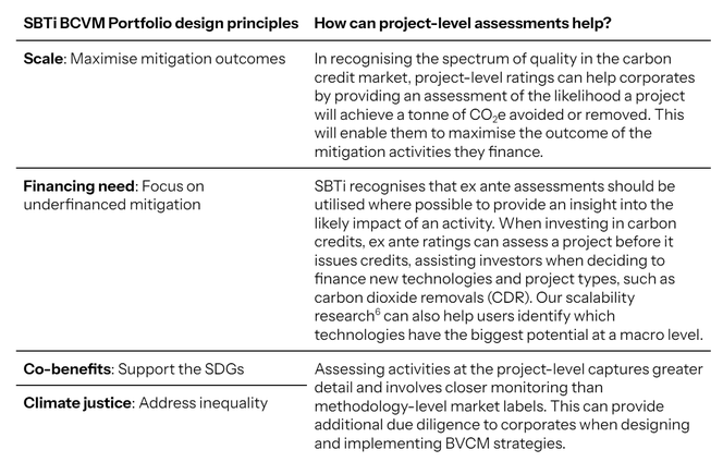 Table showing how SBTi BVCM Portfolio design principles can be implemented using project-level assessment.