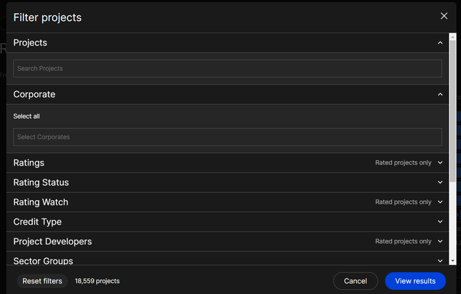 Image of the corporate section within the platform project filter