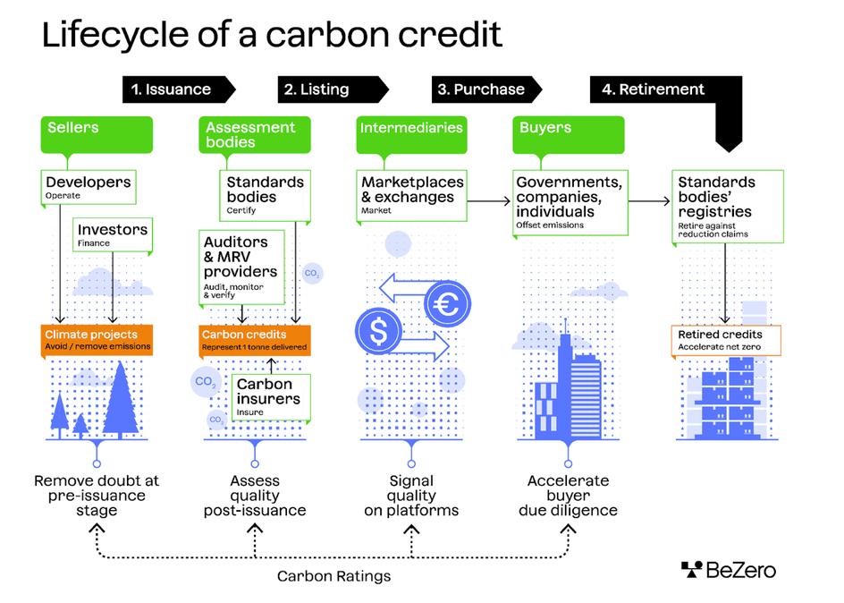 Diagram showing the lifecycle of a carbon credit and the key market players