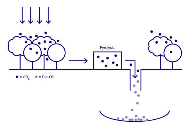 Illustration showing the phases of using bio-oil as a carbon removal method. Diagram of CO₂ absorbed through forest, undergoing pyrolysis producing bio-oil stored deep underground