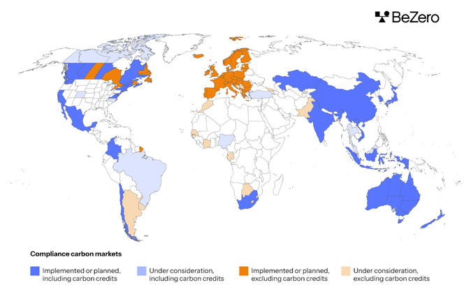 Map displaying the global level of implementation of compliance carbon market schemes and whether they include carbon credits