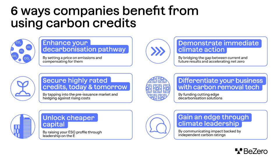 Diagram showing 6 ways companies benefit from using carbon credits