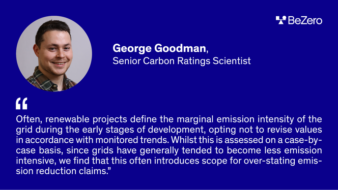 George Goodman, Senior Carbon Ratings Scientist. Often, renewable projects define the marginal emission intensity of the grid during the early stages of development, opting not to revise values in accordance with monitored trends. Whilst this is assessed on a case-by-case basis, since grids have generally tended to become less emission intensive, we find that this often introduces scope for over-stating emission reduction claims