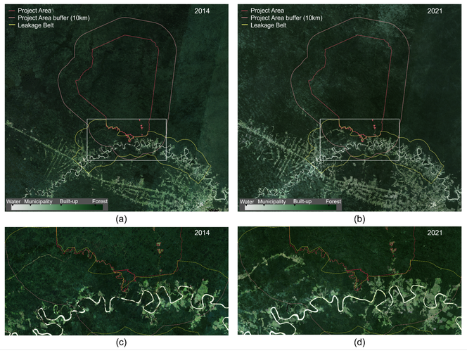 Satellite imagery of the project area, project area buffer and leakage belt in 2014 versus 2021.