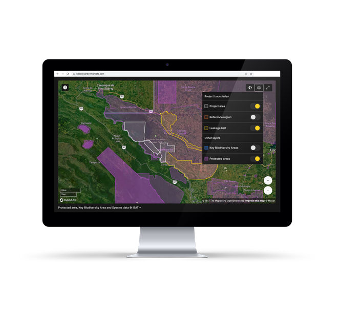 Screenshot of Geospatial tab on BeZero Carbon Markets platform showing the project area, leakage belt and protected areas