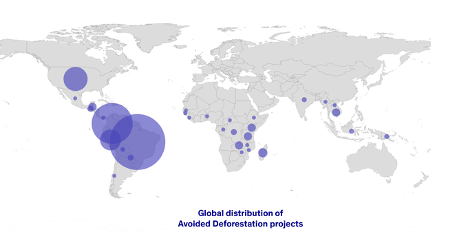 Map showing the global distribution of Avoided Deforestation projects within our sector-classified database