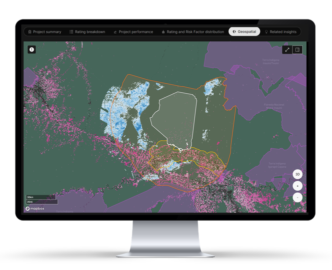 Screenshot of the geospatial tab on the BeZero Carbon Platform showing a cluster of blue pixels that are a good match with the project area