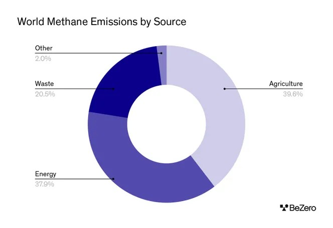 Pie chart showing sources of world methane emissions. Agriculture: 39.6%. Energy: 37.9%. Waste: 20.5%. Other: 2%.