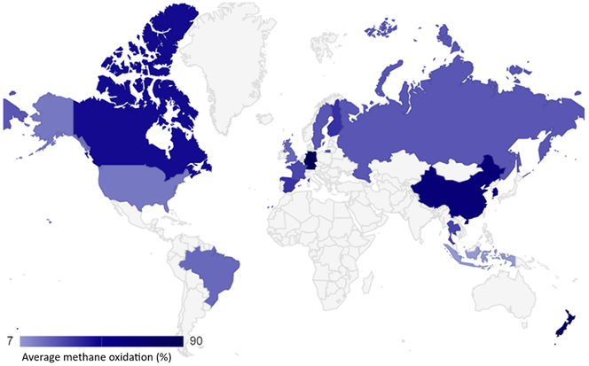 Map showing average methane oxidation rate around the world