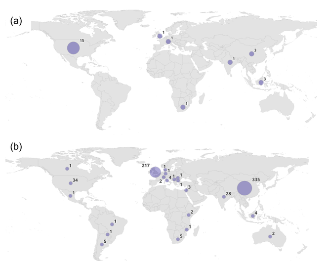 Two maps of the world with the top map (a) showing that the majority of Soil Carbon & Agriculture sector that are currently issuing ex post credits are based in the US. Bottom map (b) shows the potential future distribution of projects in the Soil Carbon & Agriculture sector with the majority based in China and Uk.